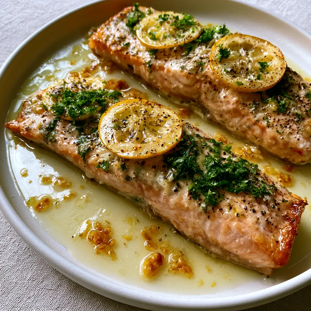 Handheld photo of air fryer trout served on a matte white ceramic plate with fresh parsley and cracked pepper.