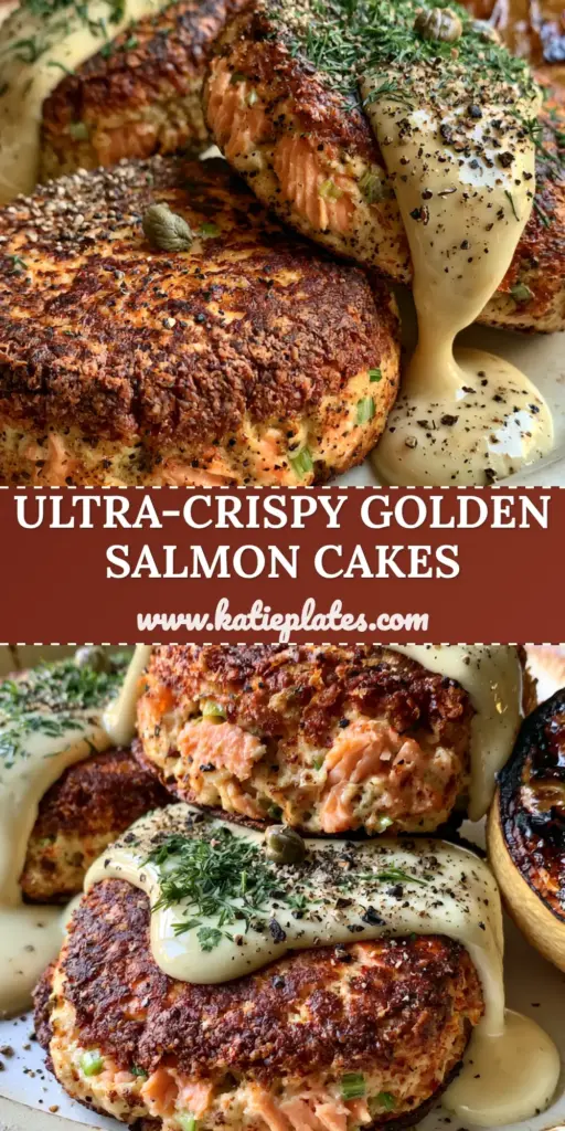 Three thick pan-seared salmon cakes on a ceramic plate with golden-brown crust, aioli drizzle, and charred lemons.