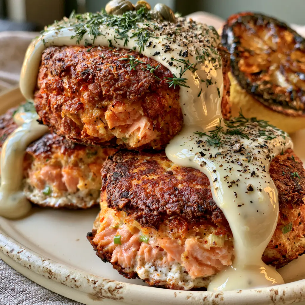 Close up of a salmon cake with glossy lemon garlic aioli cascading over the crispy edge and fresh dill garnish.