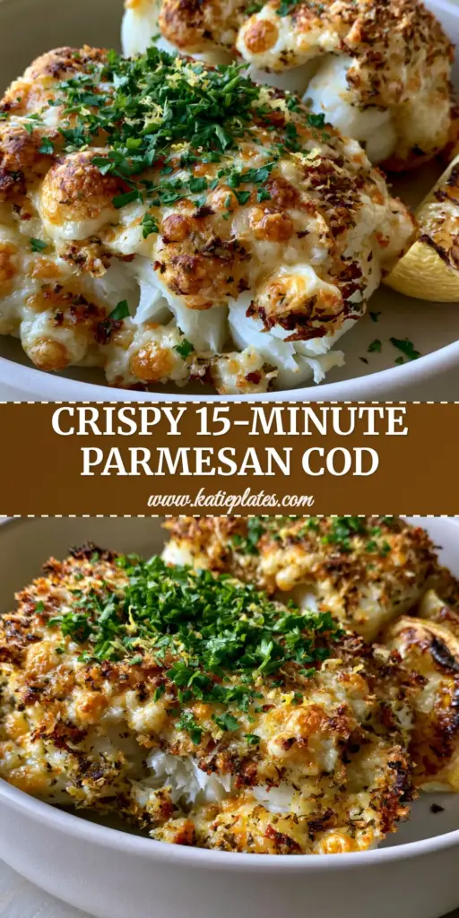 Air Fryer Parmesan Cod with a Golden Herb Crust 4 Close-up of air fryer parmesan cod with a craggy golden crust and charred lemon wedges in a white bowl.