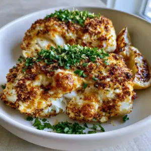 High-angle shot of two thick cod fillets with melted parmesan crust and fresh parsley. (air fryer parmesan cod)