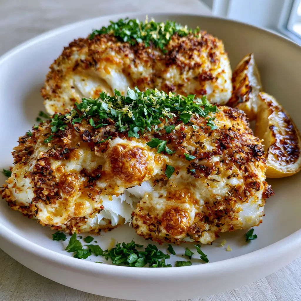 Air Fryer Parmesan Cod with a Golden Herb Crust 2 High-angle shot of two thick cod fillets with melted parmesan crust and fresh parsley. (air fryer parmesan cod)