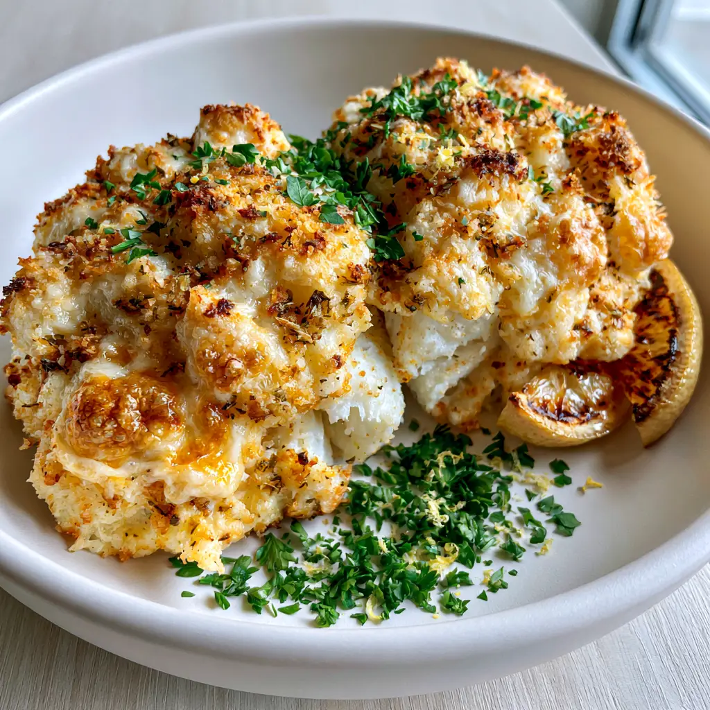 Air Fryer Parmesan Cod with a Golden Herb Crust 1 Macro view of flaking white fish under a golden parmesan and herb crust. (air fryer parmesan cod)