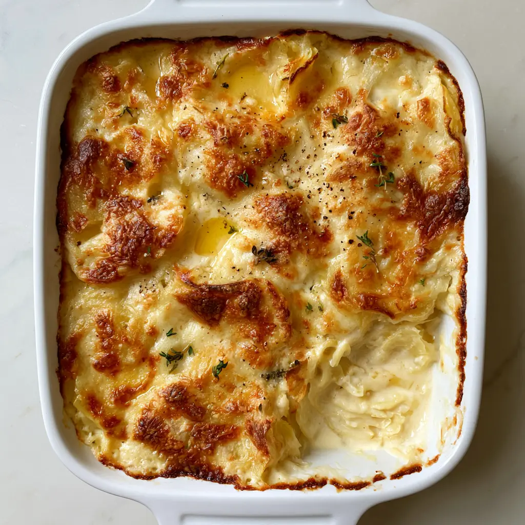 A clean scoop removed from Potatoes Dauphinoise showing the non-runny, perfectly set internal layers.
