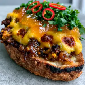 Macro view of glistening beef mince with turmeric and cloves on charred bread. (South African food recipes)