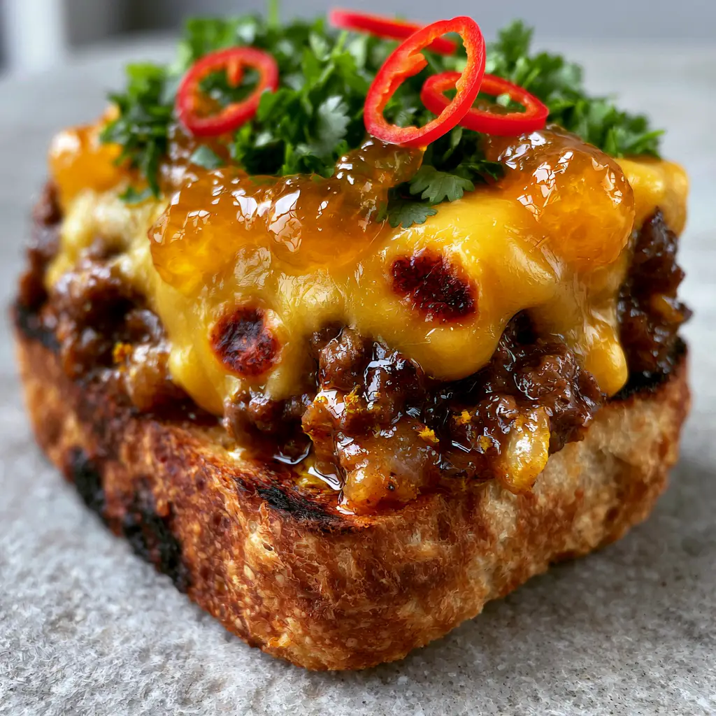 South African Food Recipes: The Ultimate Cape Malay Savoury Mince Toast 1 Melted yellow cheddar with toasted brown bubbles and amber peach chutney drizzle. (South African food recipes)