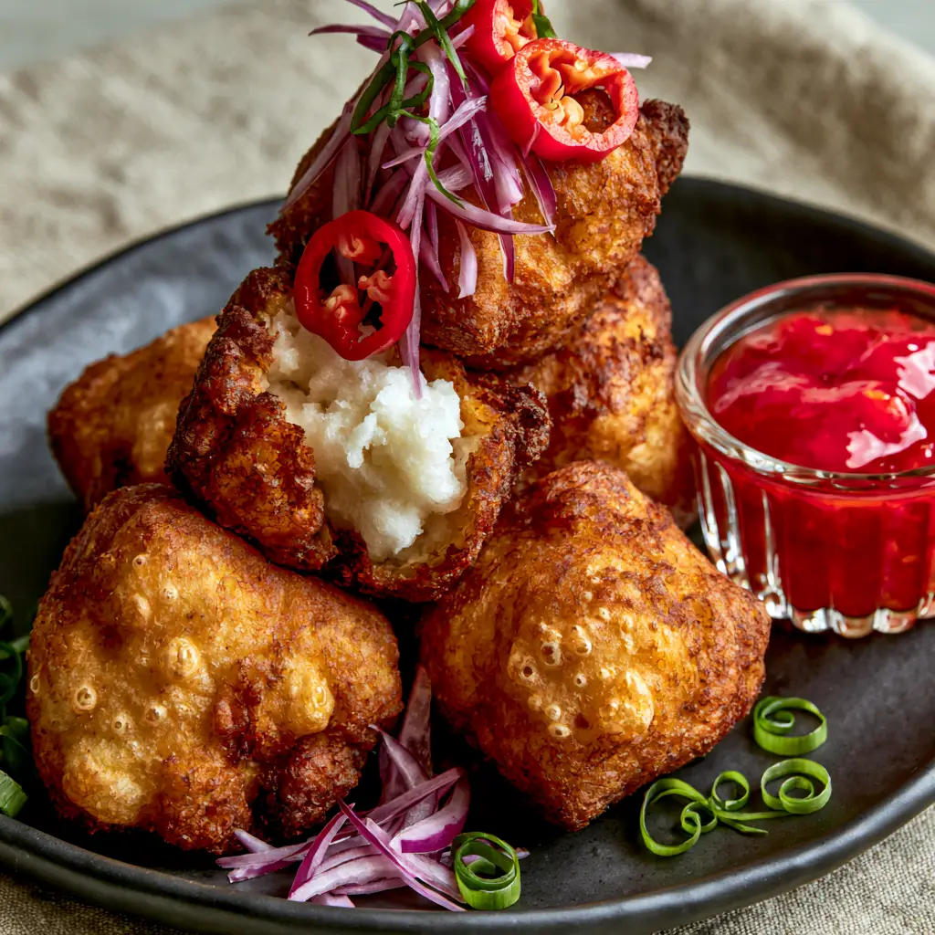 Nigerian Akara: The Ultimate Crispy and Airy Bean Fritters Recipe 1 A 45-degree angle shot of Nigerian Akara garnished with slivered red onions and green scallion curls.