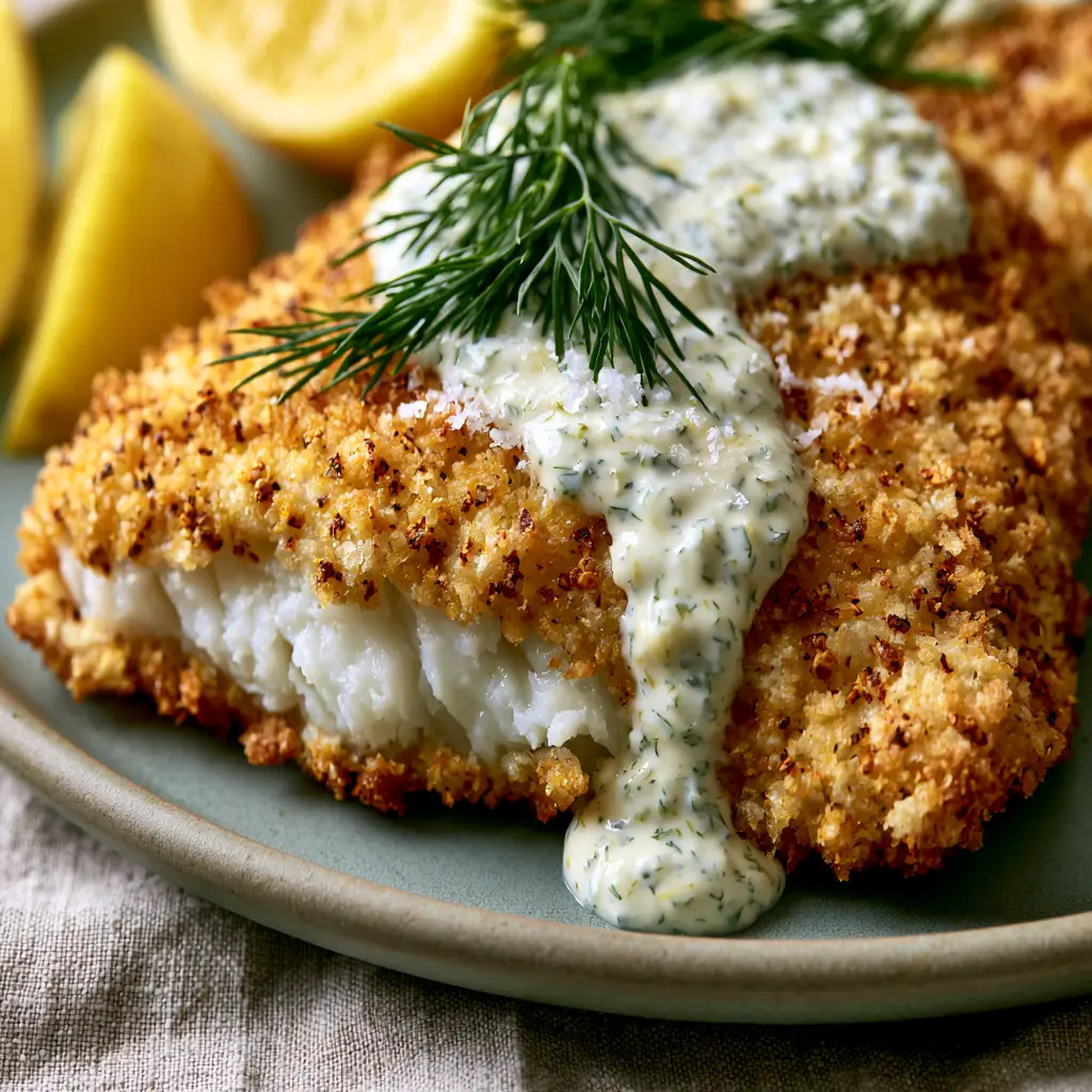 Air Fryer Fish with Crispy Panko Crust and Lemon Herb Tartar Sauce 2 Extreme close-up of a crispy air fryer fish fillet showing the flaky white cod interior and panko crust. (air fryer fish)