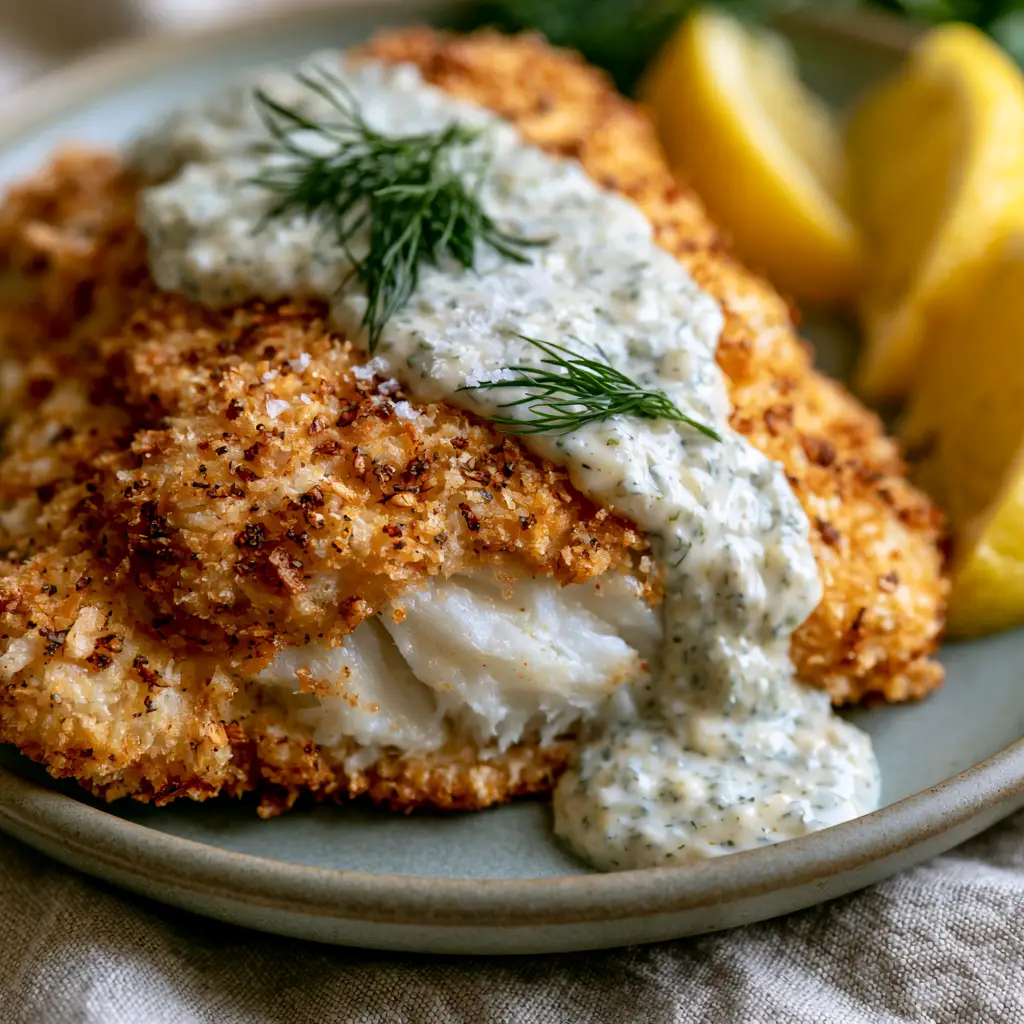 Air Fryer Fish with Crispy Panko Crust and Lemon Herb Tartar Sauce 1 Plated air fryer fish with lemon wedges, fresh dill, and tartar sauce drizzle on a matte ceramic plate.
