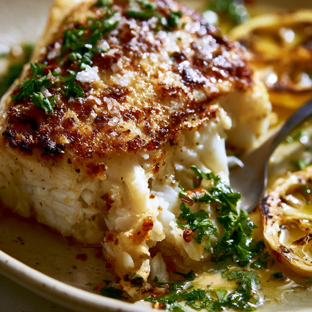 Air Fryer Halibut with Lemon Garlic Butter and Charred Lemon 2 Extreme macro close-up of a thick, succulent halibut fillet showing the golden-brown sear and visible sea salt. (air fryer halibut)