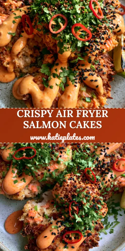 Three thick spicy salmon cakes on a speckled plate with sriracha mayo drizzle, red chilies, and black sesame seeds. (spicy salmon cakes)