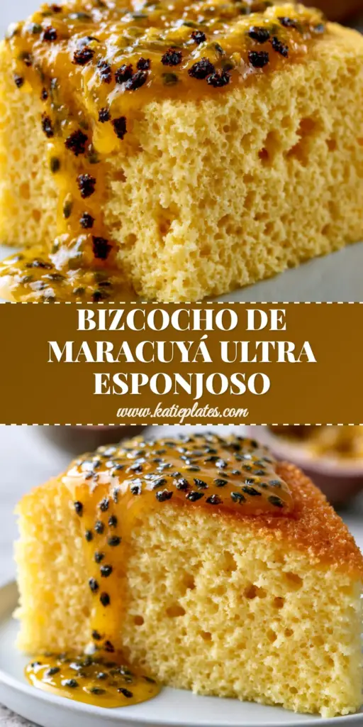 Bizcocho de Maracuyá: The Ultimate Airy Passion Fruit Sponge Cake 4 A thick slice of Bizcocho de maracuyá with glossy yellow glaze and black seeds dripping down the side on a white plate.