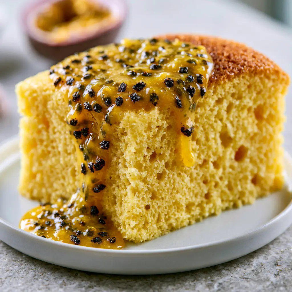 Bizcocho de Maracuyá: The Ultimate Airy Passion Fruit Sponge Cake 2 Macro shot of the aero-textured yellow sponge crumb of a Bizcocho de maracuyá.
