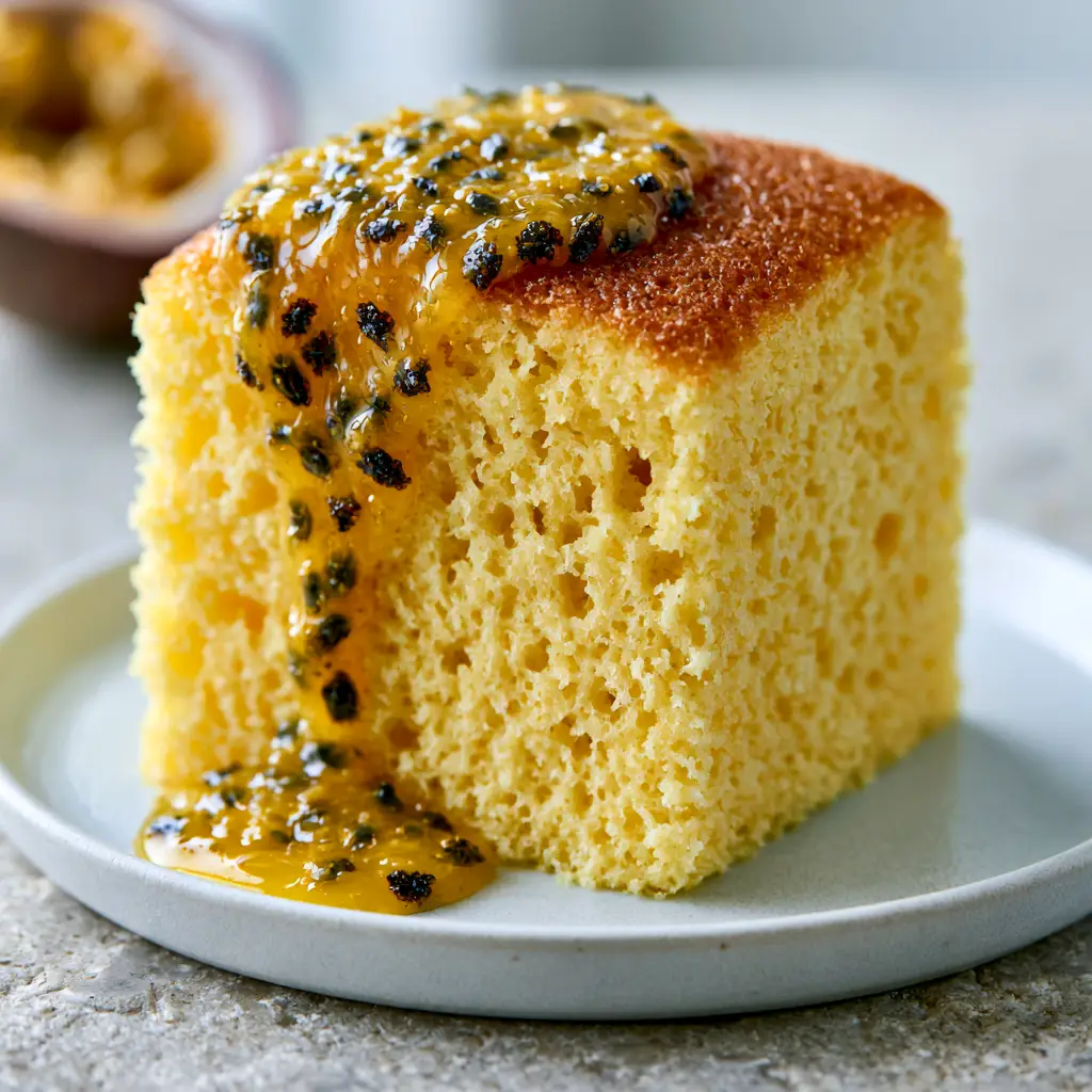 Bizcocho de Maracuyá: The Ultimate Airy Passion Fruit Sponge Cake 1 Close up of glossy passion fruit glaze with black seeds pooling at the base of a cake slice.