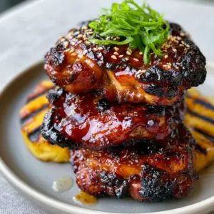 Extreme close-up of three grilled Huli Huli chicken thighs with bubbling translucent glaze and toasted sesame seeds. (Huli Huli Chicken)