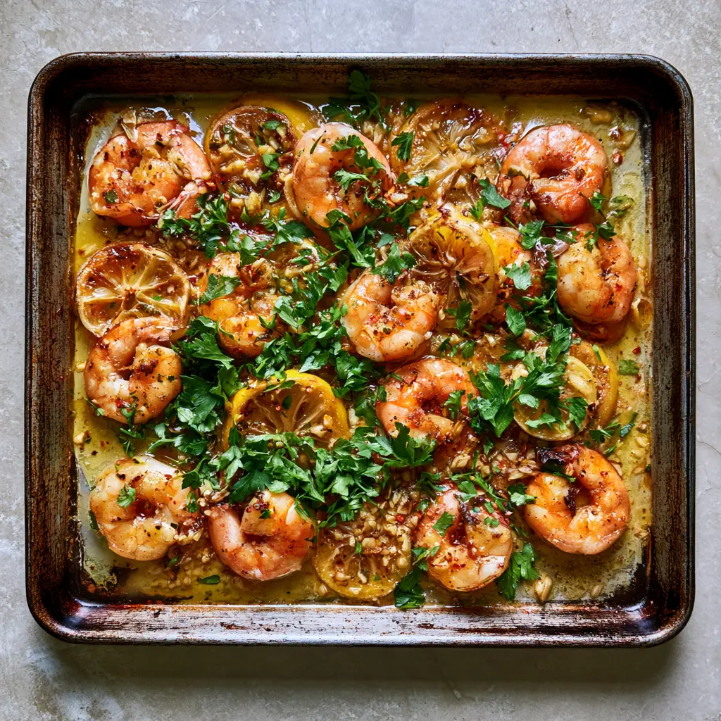 Jumbo shrimp drenched in garlic butter sauce with caramelized lemon wheels and red pepper flakes.