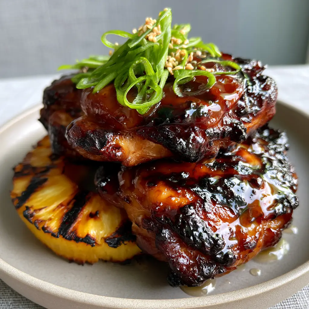 Huli Huli Chicken: The Ultimate Mahogany Glazed Hawaiian BBQ Thighs 1 Grilled Huli Huli chicken showing crispy charred edges and a thick sticky glaze on a neutral plate.