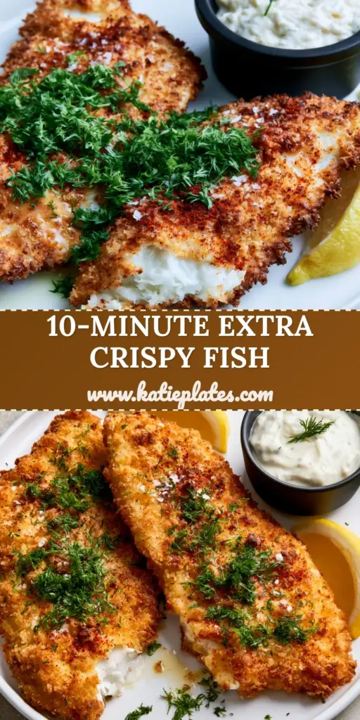 Two extra crispy panko-crusted white fish fillets on a white plate with lemon and dill (Air Fryer Fish)