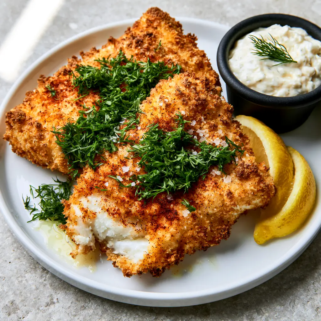 Close up of golden brown air fryer fish fillets showing the flaky white interior.