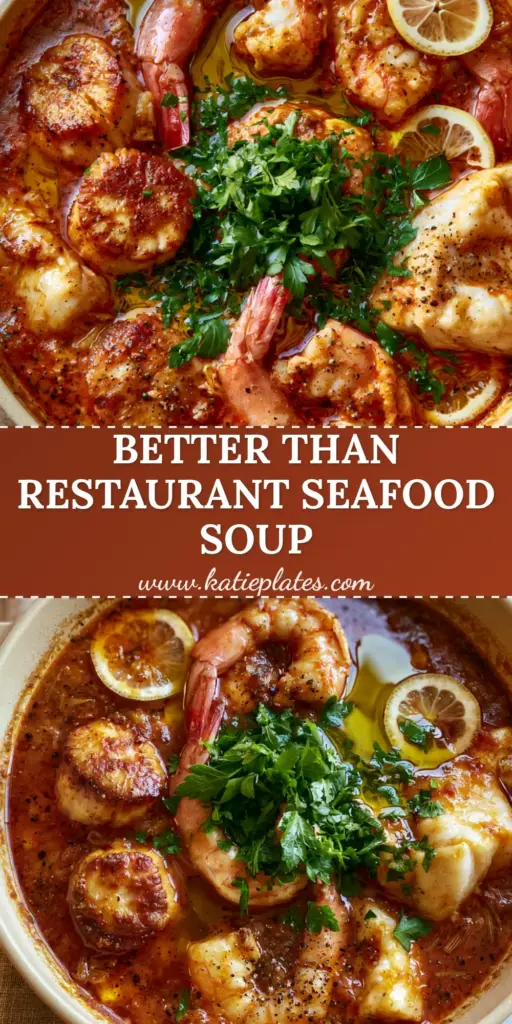 Seafood Soup with Saffron Broth and Golden Seared Scallops 4 A top-down view of Mediterranean seafood soup in a cream Dutch oven with seared scallops and shrimp. (seafood soup)