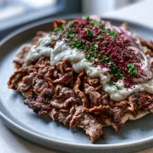 Thinly shaved ribbons of seasoned beef and lamb with charred edges on a grey ceramic plate. (homemade doner kebab)