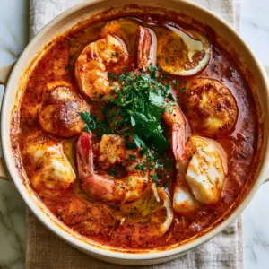 Close up of vibrant tomato-saffron broth with flaky white fish and parsley. (seafood soup)