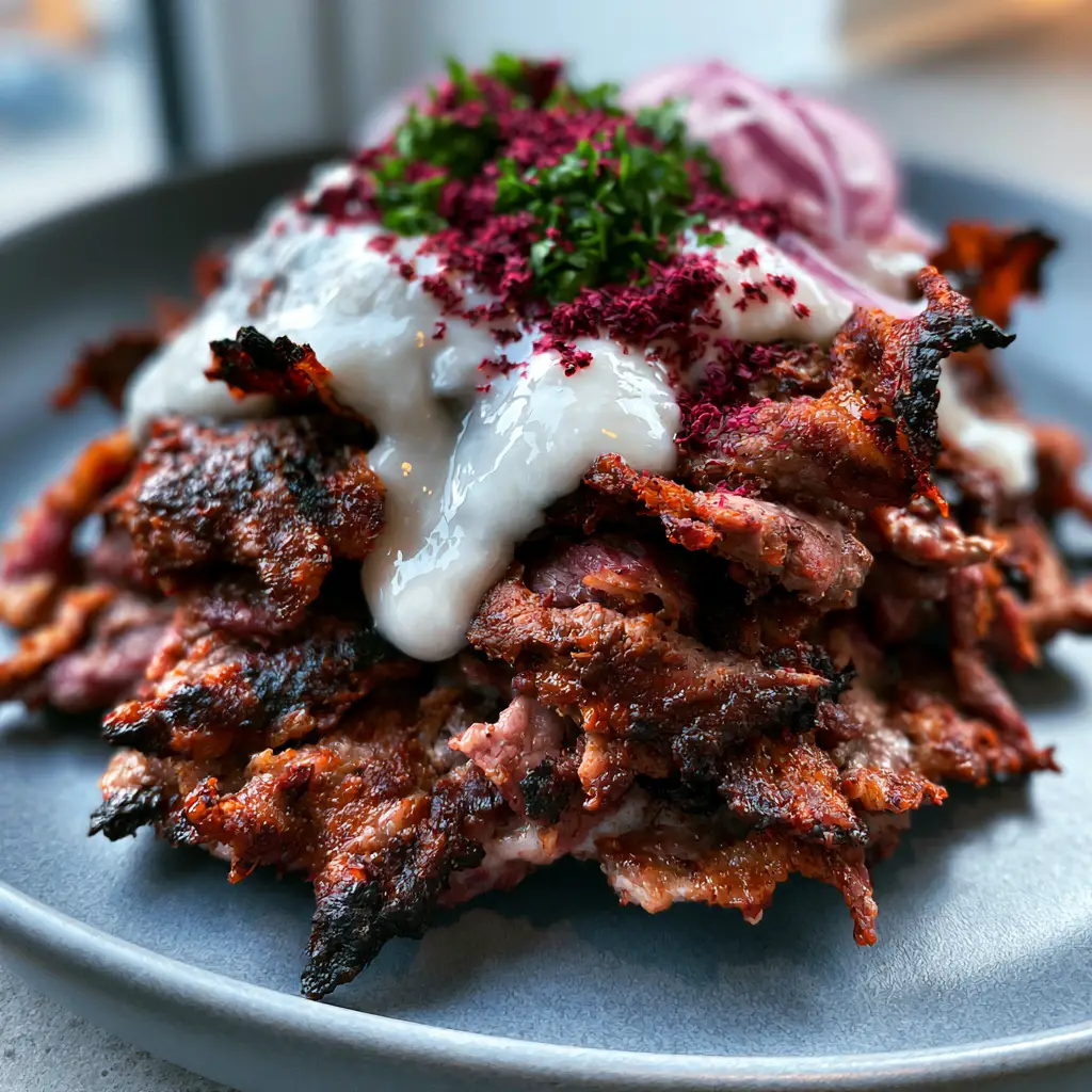 Homemade doner kebab topped with a thick white garlic yogurt sauce and garnished with parsley and red onion.