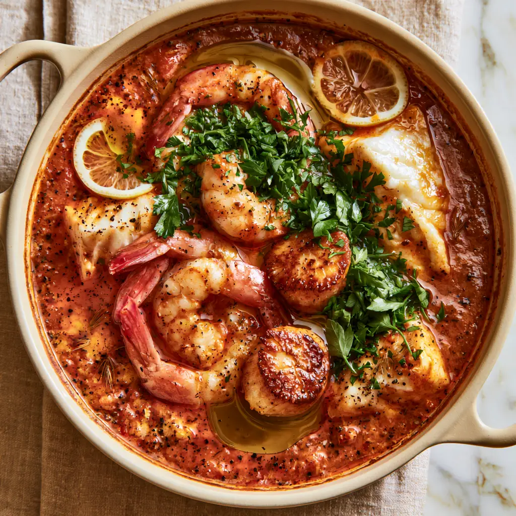 Seafood Soup with Saffron Broth and Golden Seared Scallops 1 Searing jumbo scallops to a golden brown crust for the soup garnish.