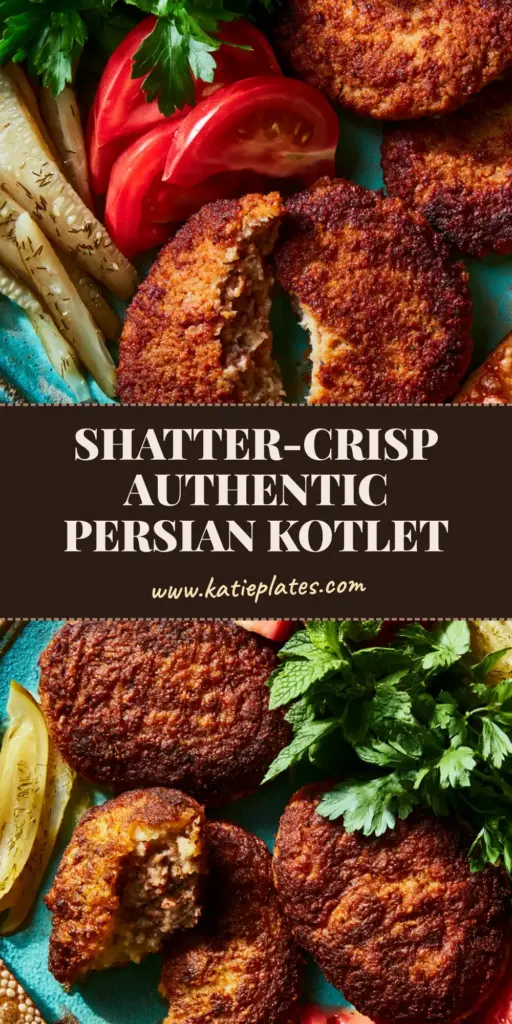A top-down macro view of golden-brown Persian Kotlet patties on a turquoise plate with tomatoes and herbs. (Persian Kotlet)