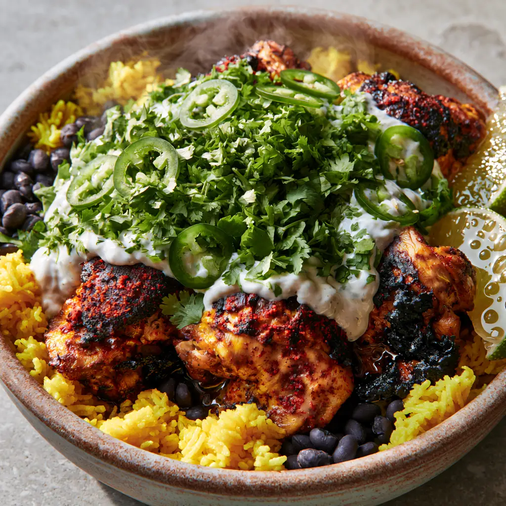 Top-down view of saffron-yellow rice, black beans, and crispy seared chicken thighs with lime and cilantro. (Chicken Yellow Rice Black Beans)