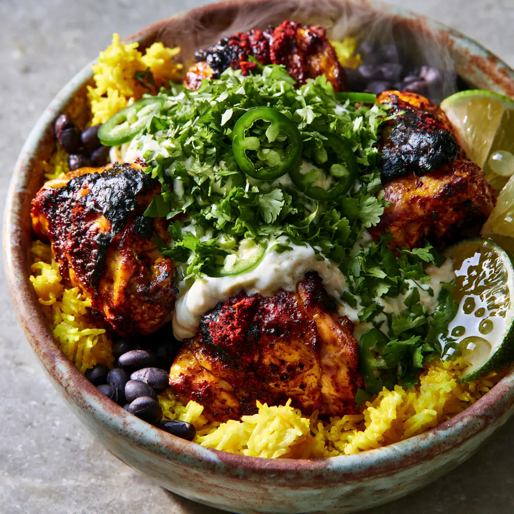 Detailed close-up of the oily sheen on seared chicken and creamy lime drizzle over black beans and rice.