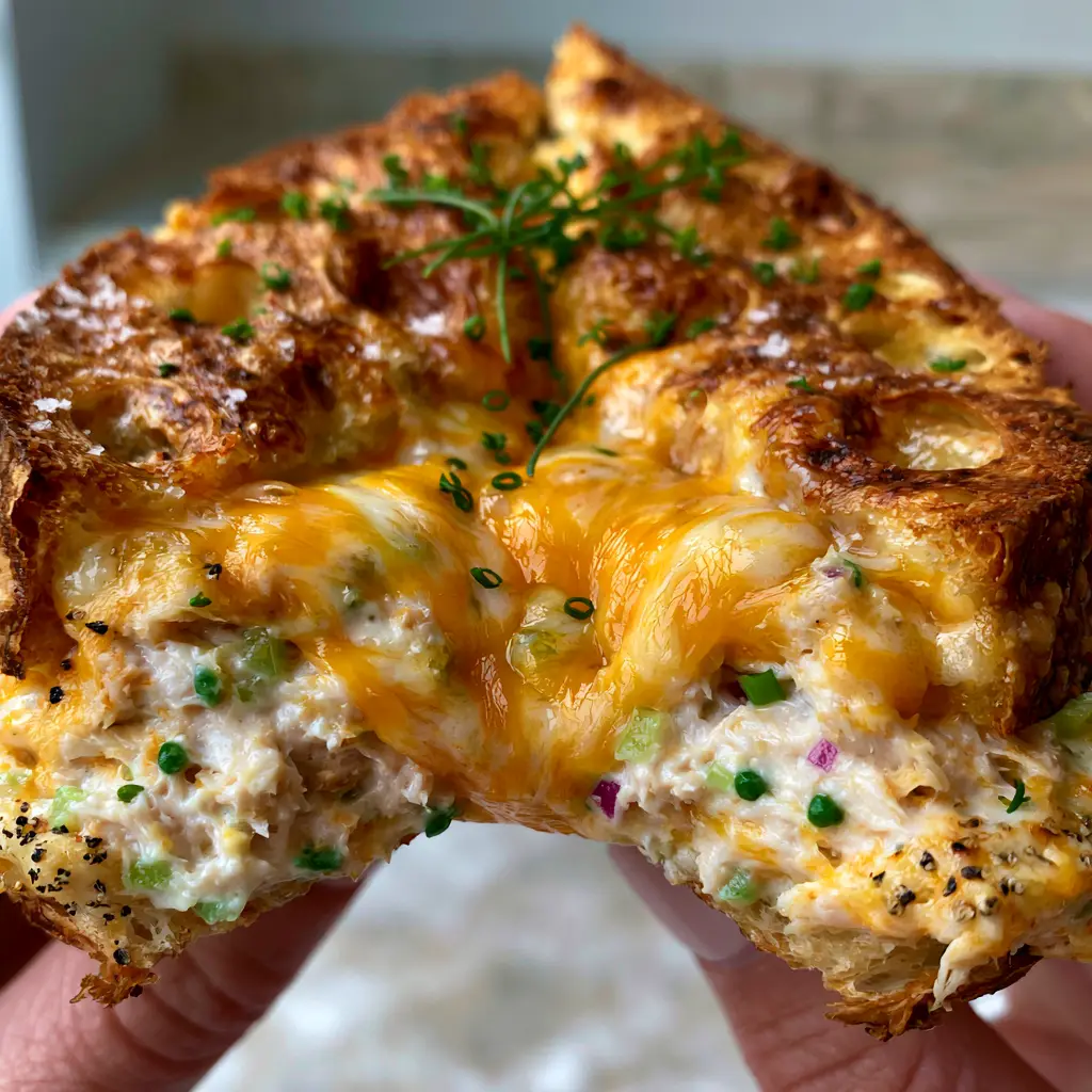 Close-up of bubbling sharp cheddar on a golden-brown Tuna Melt. (Tuna Melts)