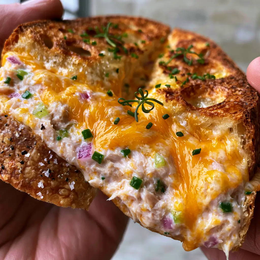 Halved Tuna Melts showing the flaky white tuna, red onion, and celery filling.
