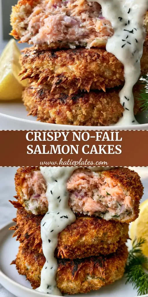 A stack of three thick, golden-brown air-fried salmon cakes topped with creamy lemon dill sauce and a fresh dill sprig on a white plate. (salmon cakes)