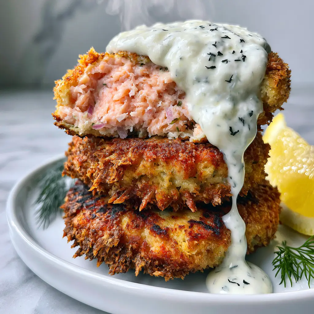 Close-up of a broken salmon cake revealing a moist pink interior with red onion and green herbs. (salmon cakes)