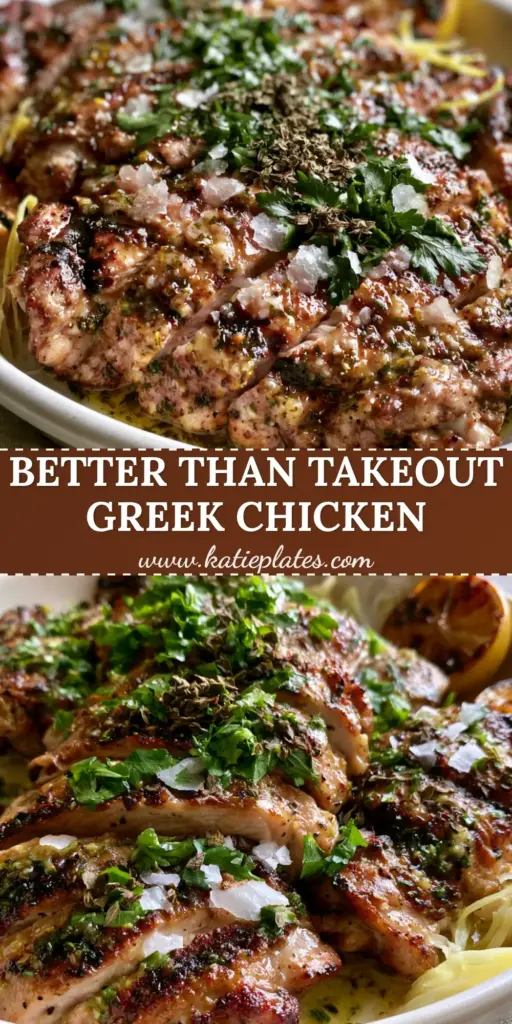 Sliced grilled chicken thighs with Greek Chicken Marinade, charred lemon wedges, and fresh herbs on a white plate.