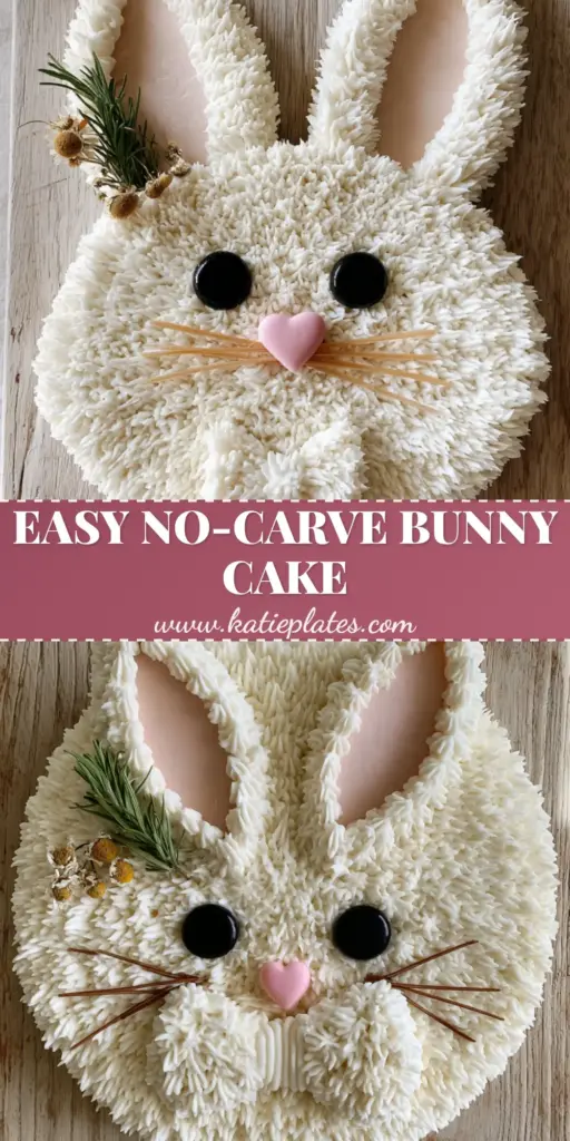Rabbit Birthday Cake: A DIY Vanilla Bunny Cake Tutorial 4 An overhead shot of a DIY Rabbit Birthday Cake with white piped buttercream fur, pink ears, and pasta whiskers on a wooden board.
