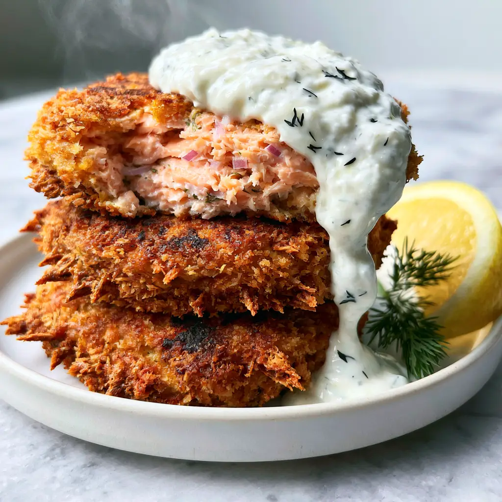 Three thick air-fried salmon patties showing jagged golden-brown textures and char marks. (salmon cakes)