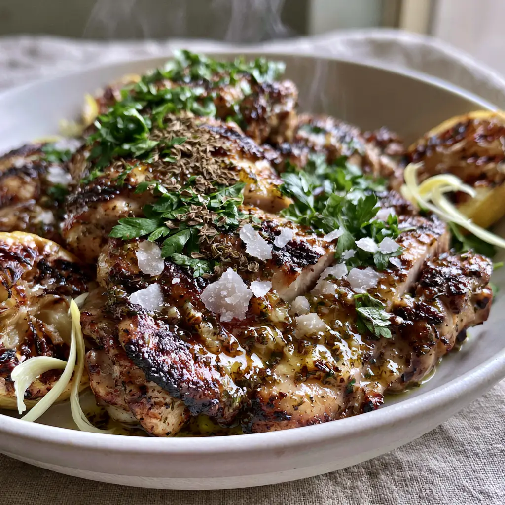 Close-up of Greek Chicken Marinade glistening on grilled thighs with golden char marks. (Greek Chicken Marinade)