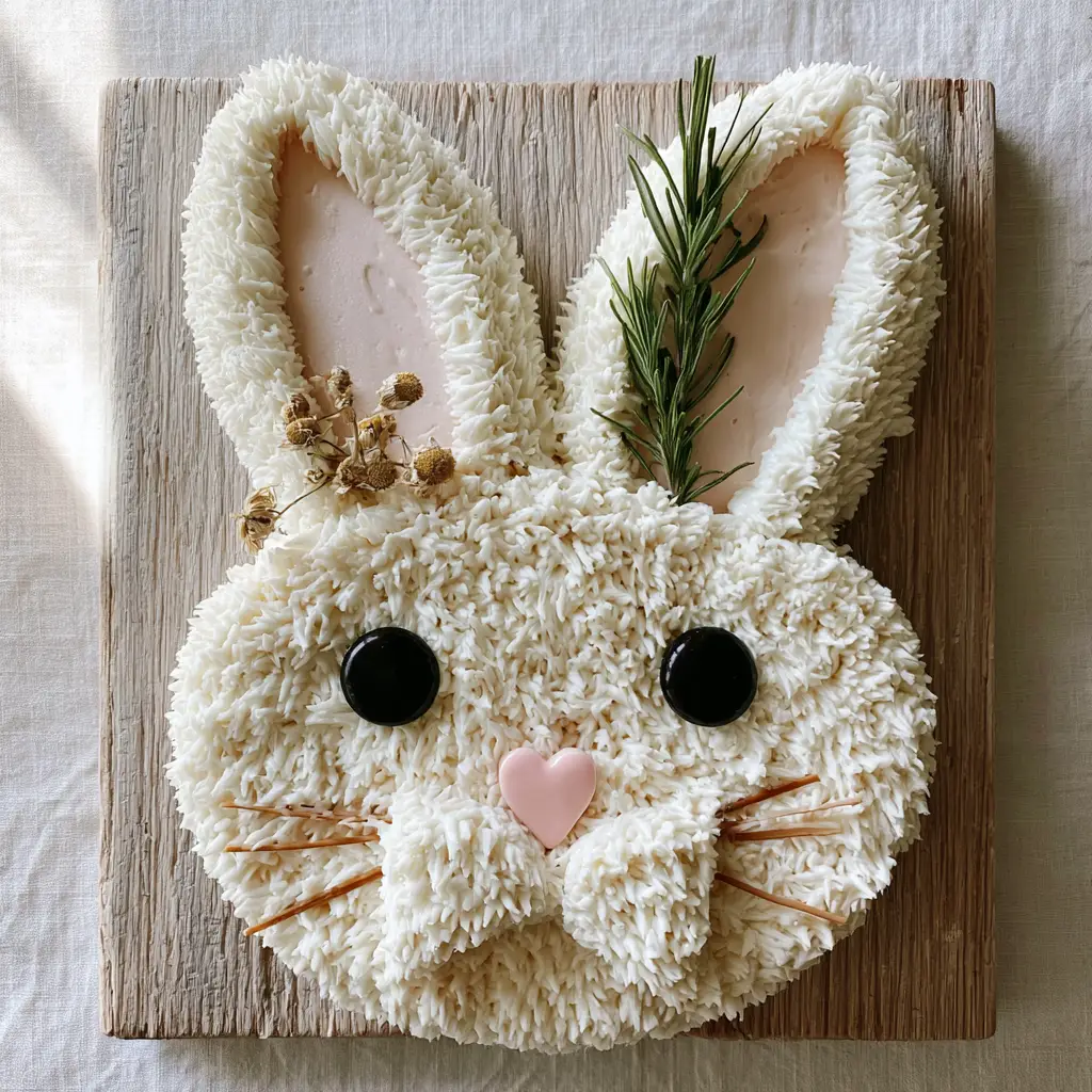 Close up of the piped buttercream fur texture on a rabbit birthday cake.
