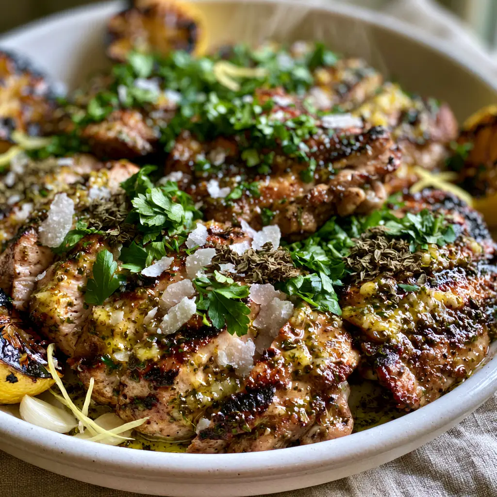 Slices of grilled chicken with herb-flecked oil, garlic slivers, and charred lemons. (Greek Chicken Marinade)