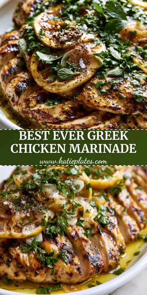 A professional food photography shot of sliced grilled chicken drenched in a Greek chicken marinade with charred lemons and fresh herbs.