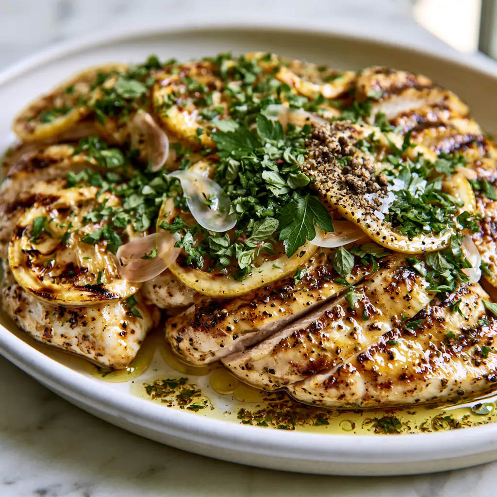 Close-up hero shot of succulent grilled chicken slices in a glossy Greek chicken marinade.