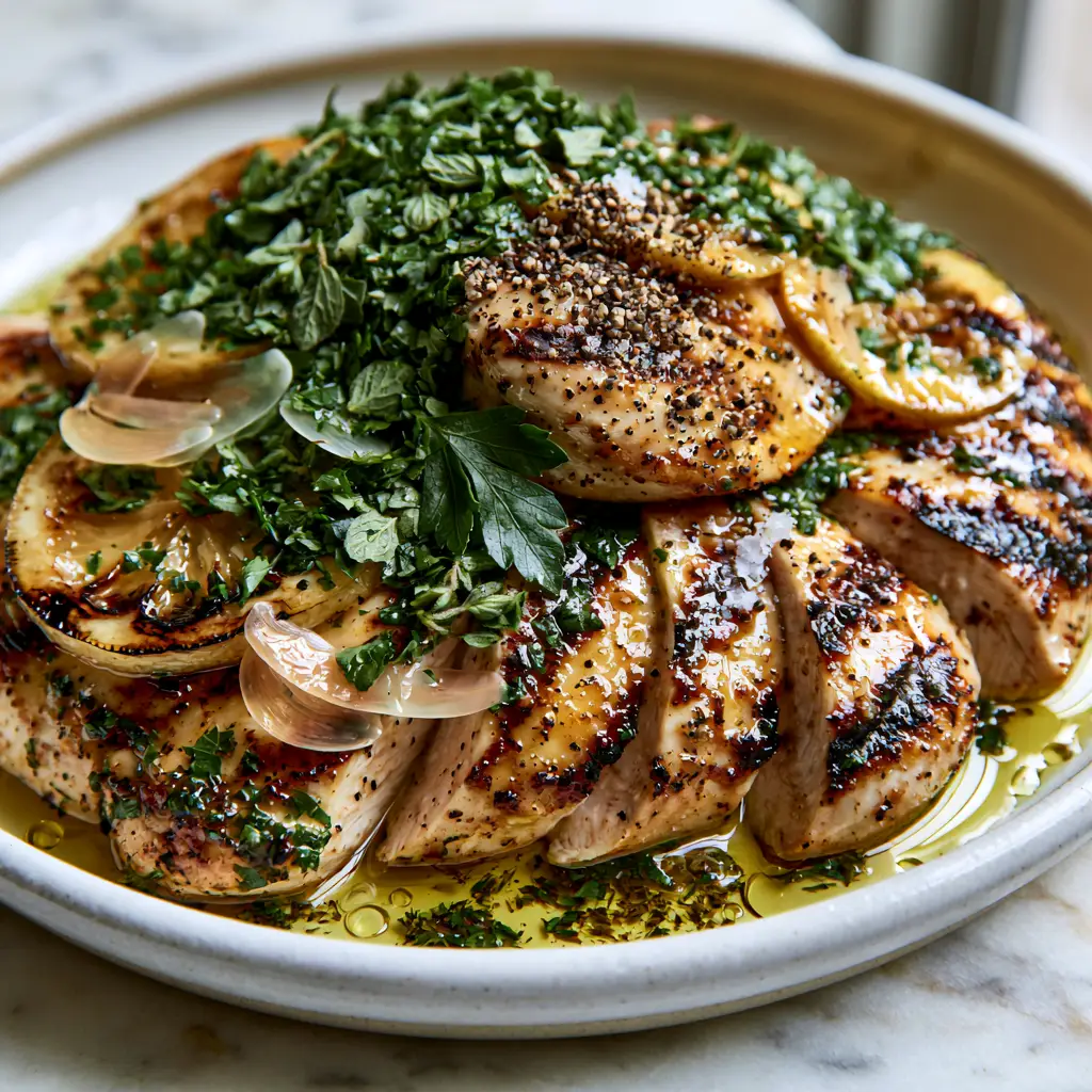 Sliced chicken breast with translucent garlic slivers and fresh oregano from the Greek chicken marinade recipe.