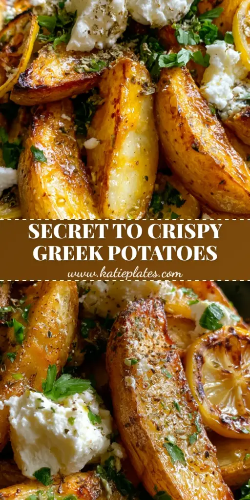 A tall stack of crispy Greek feta roast potatoes in a charcoal bowl, garnished with crumbled feta and charred lemon wheels.