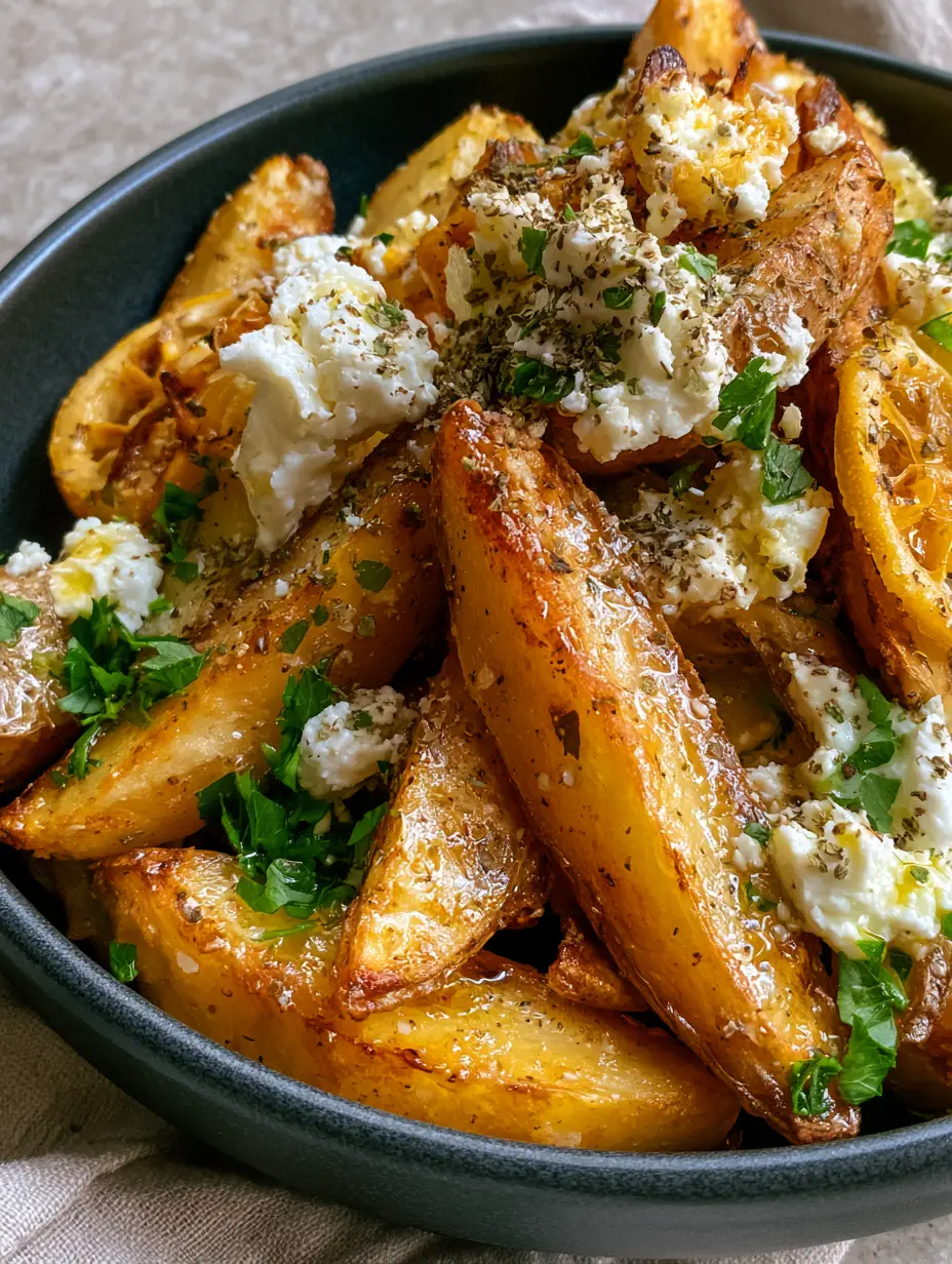 Extreme close-up of golden-brown Greek feta roast potatoes showing glass-like crispy edges and airy centers.