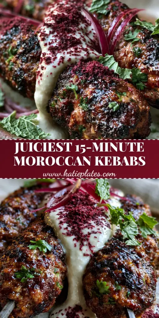 Moroccan Kefta Kebab: The Ultimate Juicy Grilled Beef Skewers 4 Three juicy Moroccan Kefta Kebabs on metal skewers with creamy white sauce and red onions on a rustic plate. (Moroccan Kefta Kebab)