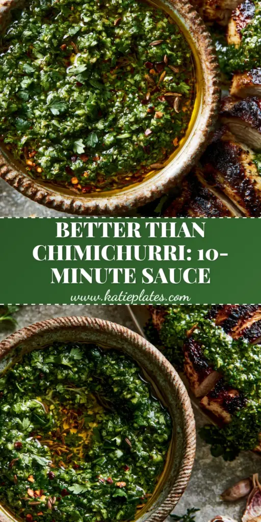 Chermoula: The Ultimate Vibrant Moroccan Herb Sauce for Perfectly Seared Chicken 4 A platter of juicy seared chicken breast with dark grill marks, topped with chunky green chermoula sauce and charred lemons.