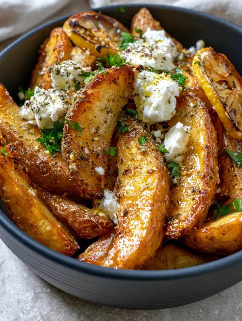 Greek feta roast potatoes topped with fresh parsley and crumbled feta in a modern charcoal ceramic bowl.