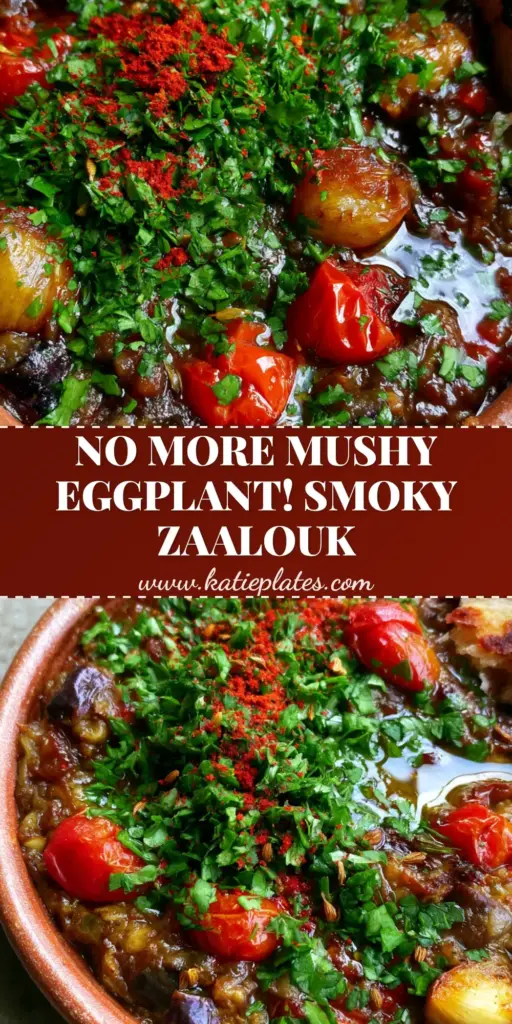 A rustic terracotta bowl filled with Moroccan Zaalouk eggplant dip, featuring charred skins, blistered tomatoes, and glossy olive oil. (Zaalouk recipe)